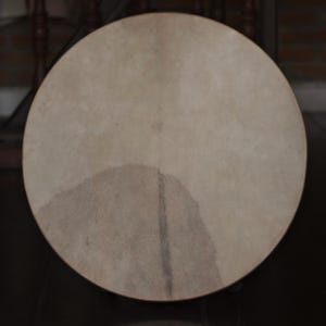 May include: A round, light brown drum head with a darker brown patch in the center.