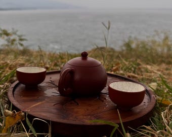 Teak Wood Tea Table: Hand-Carved, Portable Outdoor Design