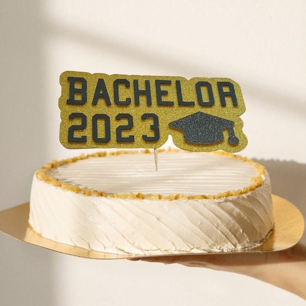 Bachelor 2023 Cake Topper avec chapeau de doctorat en paillettes dorées et noir pour la décoration de gâteau à la remise des diplômes universitaires et à l’Abitur