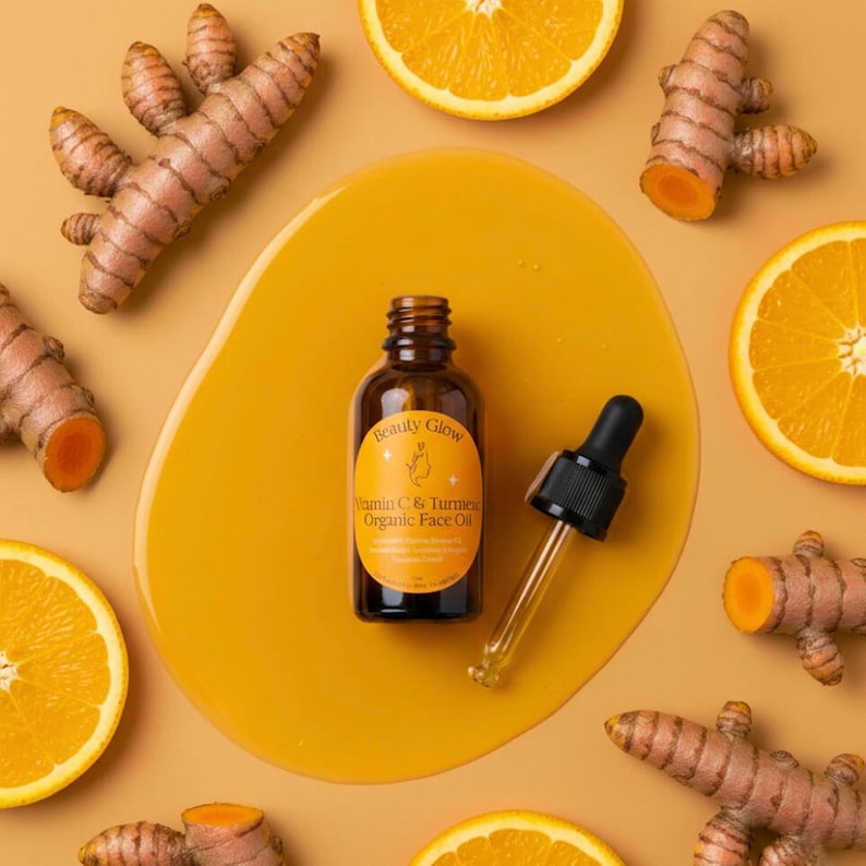 Organiczny olejek do twarzy z kurkumą i witaminą C na ciemne plamy, rozjaśniający, przeciwstarzeniowy, przeciw drobnym zmarszczkom i liniom, nawilżające serum 1 uncja zdjęcie 5