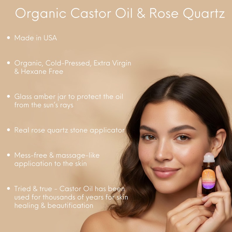 May include: A woman holds a small amber glass bottle with a rose quartz applicator. The bottle contains organic castor oil and is labeled with text. The image highlights the product's features, including its use for skin healing and beautification.