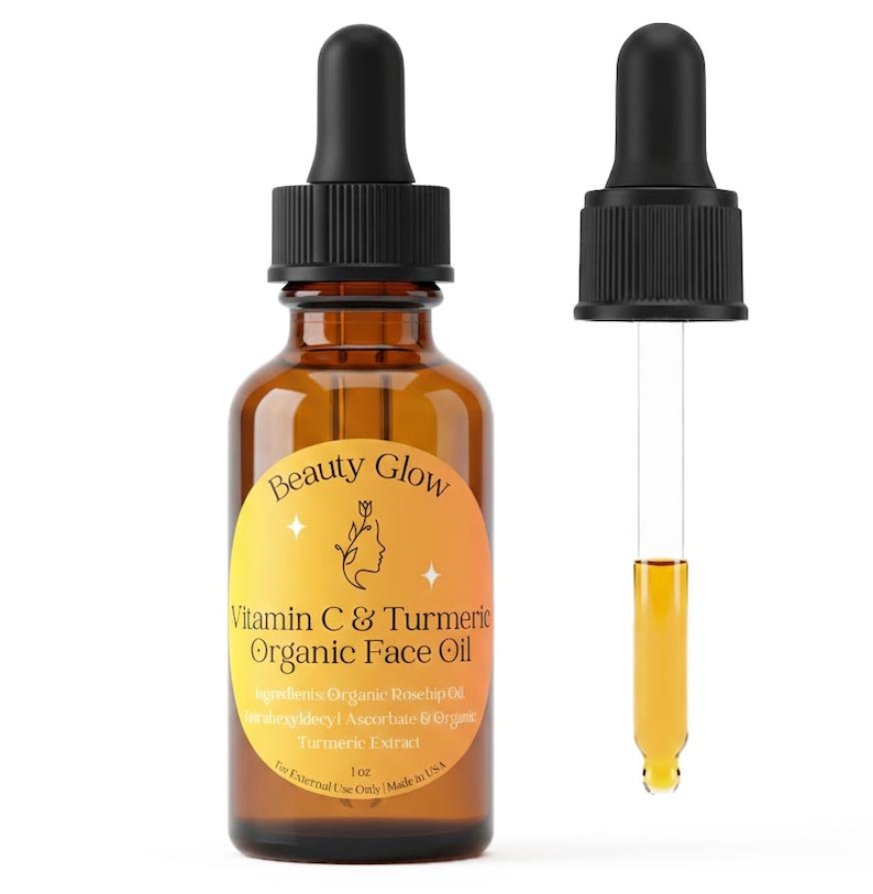 Organiczny olejek do twarzy z kurkumą i witaminą C na ciemne plamy, rozjaśniający, przeciwstarzeniowy, przeciw drobnym zmarszczkom i liniom, nawilżające serum 1 uncja zdjęcie 1