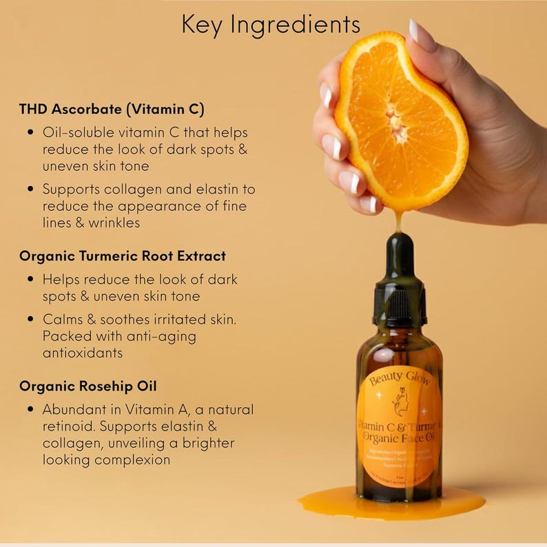 Organiczny olejek do twarzy z kurkumą i witaminą C na ciemne plamy, rozjaśniający, przeciwstarzeniowy, przeciw drobnym zmarszczkom i liniom, nawilżające serum 1 uncja zdjęcie 3