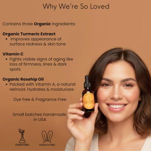 Organiczny olejek do twarzy z kurkumą i witaminą C na ciemne plamy, rozjaśniający, przeciwstarzeniowy, przeciw drobnym zmarszczkom i liniom, nawilżające serum 1 uncja zdjęcie 2