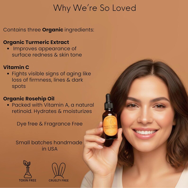 Organiczny olejek do twarzy z kurkumą i witaminą C na ciemne plamy, rozjaśniający, przeciwstarzeniowy, przeciw drobnym zmarszczkom i liniom, nawilżające serum 1 uncja zdjęcie 2