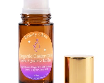 Aceite de ricino orgánico prensado en frío con cuarzo rosa en roll-on para rostro y cuerpo. Fabricado en EE. UU. Sin hexano. Puro para piel, cejas y pestañas. 1,69 oz.