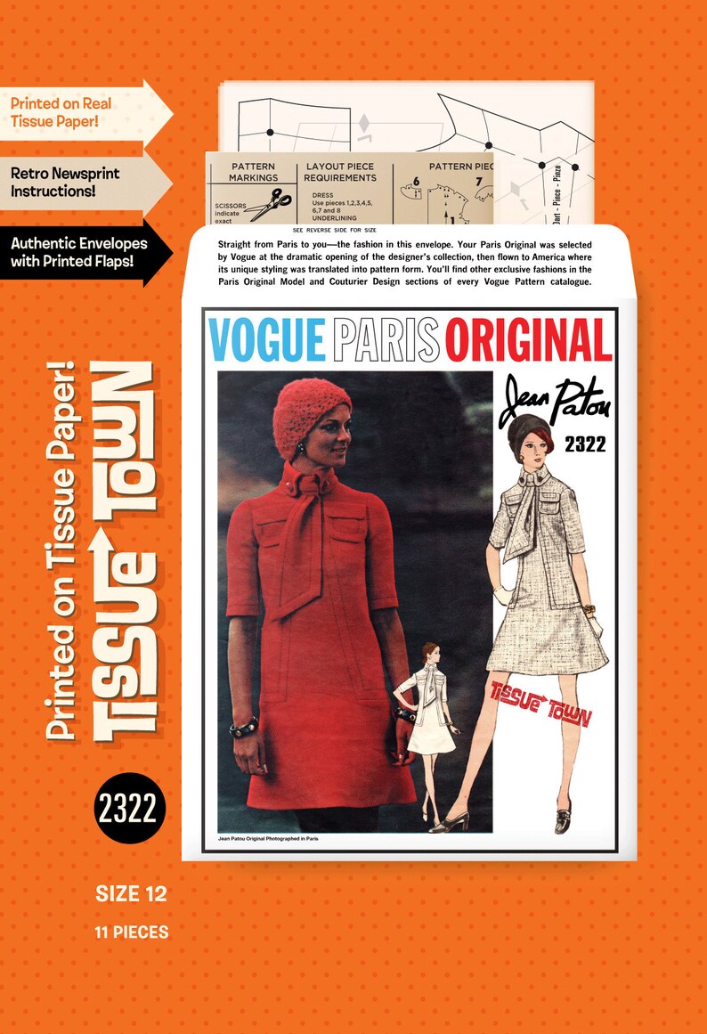 Vogue Vogue Paris Original 2322 1960s Size 12 Retro Vintage Reproduction Sewing Pattern Tissue Paper Reprint Jean Patou