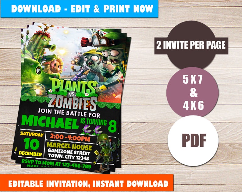 Plants Vs Zombies Plants Vs Zombies Invitation Plants Vs Zombies Birthday Invitations Plants Vs Zombies Party Pvz Invitation Pvz Party - 