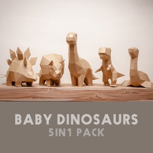 5 baby Dinosaurs paper model in 1 pack,Papercraft ,Rex,Triceratops,Brontosaurus,Stegosaurus,Plesiosaur,Low poly,PDF Papercraft