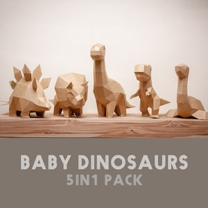 5 baby Dinosaurs paper model in 1 pack,Papercraft ,Rex,Triceratops,Brontosaurus,Stegosaurus,Plesiosaur,Low poly,PDF Papercraft