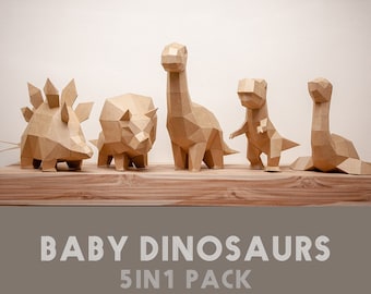 5 baby Dinosaurs paper model in 1 pack,Papercraft ,Rex,Triceratops,Brontosaurus,Stegosaurus,Plesiosaur,Low poly,PDF Papercraft