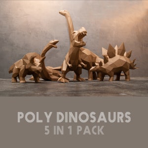 5 Dinosaurier-Papiermodelle in 1 Packung, Papercraft, Rex, Triceratops, Brontosaurus, Stegosaurus, Plesiosaurier, Low Poly, PDF Papercraft
