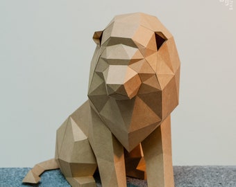 Maquette de lion en papier, créations en papier, bricolage, low poly, créations artistiques en papier PDF, maquette de lion, lion low poly, lion