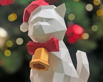 Xmas Santa Cat papieren model, Papercraft, DIY, Low poly, PDF Papercraft, Cat Model, Cat laag poly, Xmas kat