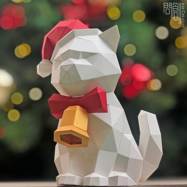 Xmas Santa Cat paper model ,Papercraft , DIY , Low poly ,  PDF Papercraft ,Cat Model , Cat low poly , Xmas cat