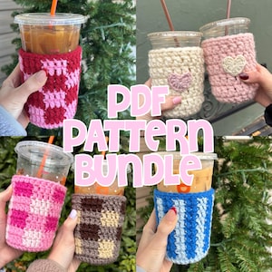 May include: A collection of crochet cup sleeves in various colors, including pink, red, cream, brown, and blue. Some sleeves feature heart appliqués. The text "PDF PATTERN BUNDLE" is displayed in the center.