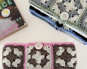 crochet granny square book sleeve