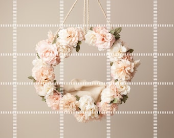 Pink and cream flower hanging wreath for newborn photography digital download backdrop photo background