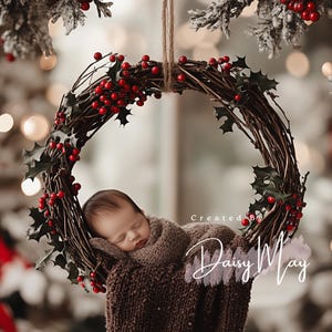 Newborn digital Holly wreath Christmas Backdrop Festive berries baby background photo