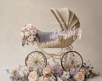 Digital Backdrop Newborn baby wicker pram digital backdrop with flowers baby girl photography background