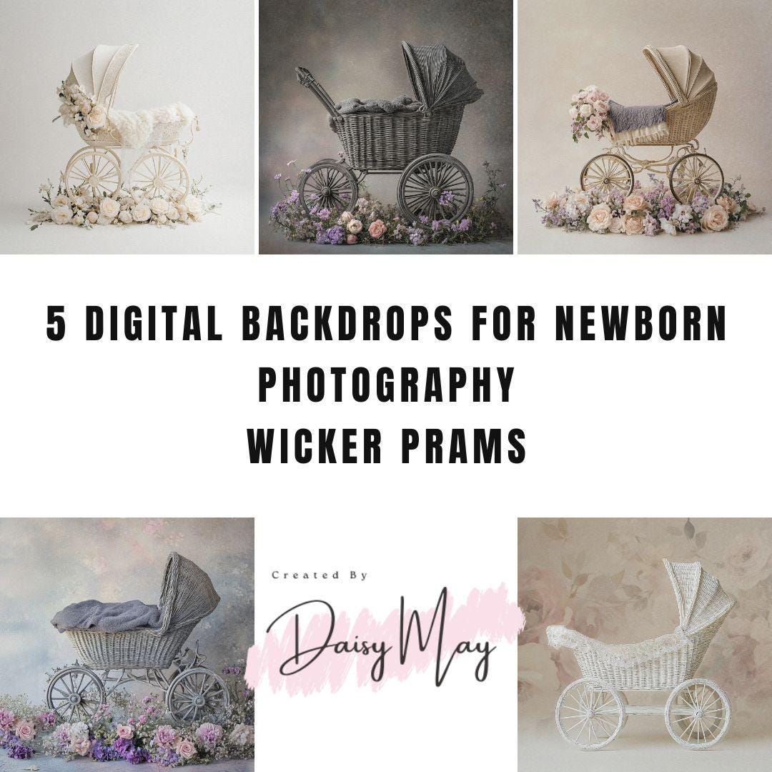 5 digital backgrounds Newborn Photography wicker prams in various colours baby backdrop