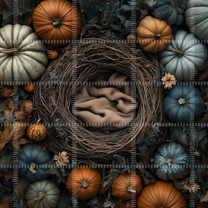 May include: A brown woven nest with a brown fabric blanket inside, surrounded by blue and orange pumpkins and fall leaves.