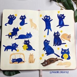 Goofy blue cats Sticker Sheet, A5 size, 3 designs, Premium Vinyl Matte Waterproof Stickers for Waterbottle, Laptop, Scrapbook and Journal