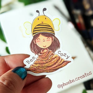 Sticker pour ordinateur portable et bouteille d'eau en vinyle premium mignon et cosy Bee, aquarelle dessinée à la main