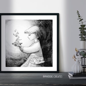 Póster de ilustración de acuarela y tinta, Inktober Art, Melt, póster monocromático de cuento de hadas fantástico, 210 x 210 mm, cuadrado, decoración.