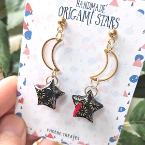 Origami Star Stud Earrings: Black & Gold Paper Art, Hypoallergenic