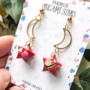 Origami Star Stud Earrings: Red Paper & Stainless Steel Moon