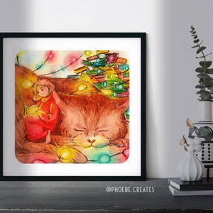 Lámina "El Lector Acogedor": Un gato acogedor con un pequeño lector para amantes de la lectura. Lámina Giclée de ilustración en acuarela, 10x15 cm, 13x18 cm, A5, ideal para regalo o decoración.
