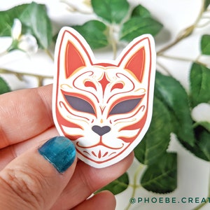 Kitsune mask Vinyl Sticker, premium waterproof for water bottle, laptop,  Japanese Fox Sprit mask die-cut sticker