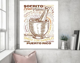 Puerto Rico Kitchen Art, Puerto Rico Food Print, Food Sign, Home Décor, Wall Décor, Puerto Rican Art, Kitchen Decor, Food Poster, Pilon Art