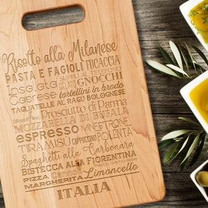 Italia Food Laser Engraved Maple Kitchen Cutting Board with Handle, Italy Chopping Board, Charcuterie Board, Italian Gift