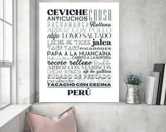 Peru Kitchen Art, Peruvian Food Print, Food Sign, Subway Art, Home Décor, Peru Wall Décor, Peruvian Art, Kitchen Décor, Food Poster