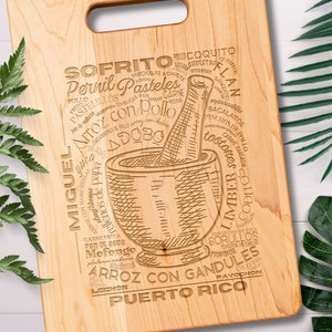 Personalized Puerto Rican Food Laser Engraved Maple Kitchen Cutting Board with Handle, Chopping Board, Charcuterie Board, Wedding Gift