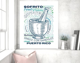 Puerto Rico Kitchen Art, Puerto Rico Food Print, Food Sign, Home Décor, Wall Décor, Puerto Rican Art, Kitchen Decor, Food Poster, Pilon Art