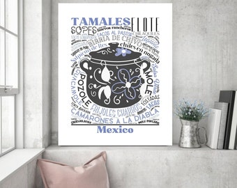 Mexican Food Print, Food Art, Food Poster, Kitchen Decor, Kitchen Art, Wall Décor, Mexican Subway Art, Mexican Bean Pot, Bean Pot Artwork
