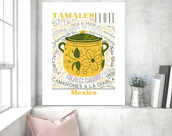Mexican Food Print, Food Art, Food Poster, Kitchen Decor, Kitchen Art, Wall Décor, Mexican Subway Art, Mexican Bean Pot, Bean Pot Artwork