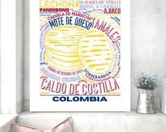 Colombia, Colombian Kitchen Art, Colombia Food Sign Poster, Food Print, Home Decor, Wall Decor, Art, Kitchen Decor, Food Poster, Subway Art