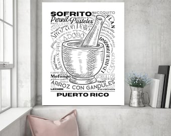 Puerto Rico Kitchen Art, Puerto Rico Food Print, Food Sign, Home Décor, Wall Décor, Puerto Rican Art, Kitchen Decor, Food Poster, Pilon Art