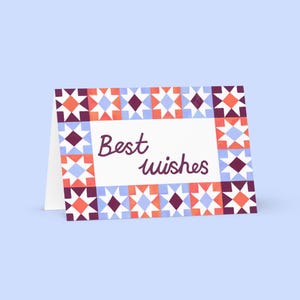 Tarjeta de felicitación con diseño de patchwork y los mejores deseos: ilustrada, gráfica, arte popular, dibujada a mano, regalo unisex para ella o para él - AnnieWicksShop