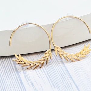 Open Creole women&#39;s earrings branch gold-plated bay leaves 750/1000 guaranteed without hypoallergic nickel