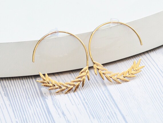 Boucles d'oreilles femme  créoles  ouvertes  branche feuilles de laurier  en plaqué or  750/1000 garanti sans nickel hypoallergique
