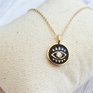 Women&#39;s necklace eye black enamel and zirconium 750/1000 guaranteed without hypoallergic nickel
