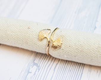 GINKGO leaf gold plated ring, adjustable ring - gift for her