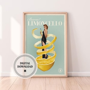 May include: A framed digital print with a vintage advertisement for Limoncello. The artwork shows a woman in a black dress holding a bottle, with a lemon peel design. The text "Buono! Limoncello" is displayed at the top, with a digital download badge.
