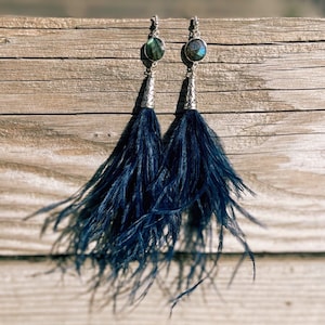 Labradorite and Ostrich Feather Earrings - Blue Feather Earrings, Drop Labradorite Earrings, Silver, Real, Natural and Long Feather Earrings