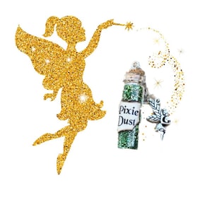May include: A gold glitter fairy silhouette with a wand and a small glass bottle with a cork stopper and a silver charm. The bottle is filled with green glitter and has a label that reads "Pixie Dust".